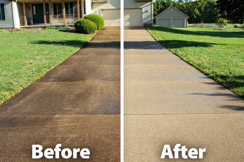 Driveway before and after pressure washing