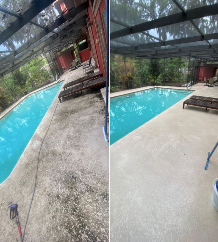 Pool deck before and after soft washing
